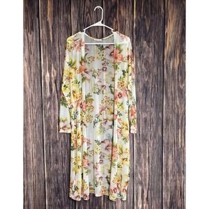 Jolie & Joy Duster Tunic Womens XL White Floral Open Front Long Boho Shift